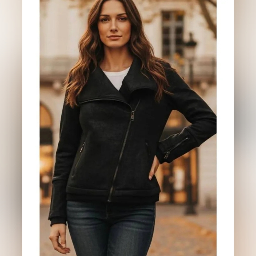 ​Dance & Marvel Black Faux Leather Moto Jacket with Zip Cuffs - Size S